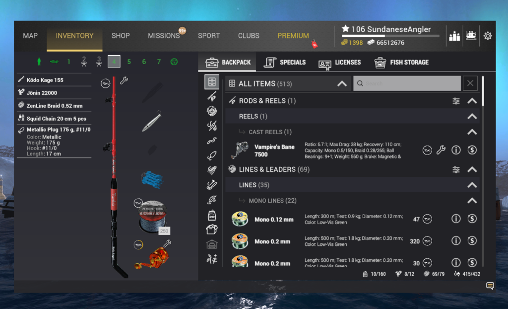 Trolling rig inventory for Yellowfin Tuna in Fishing Planet showing Kodo Kage 155 and Metallic Plug
