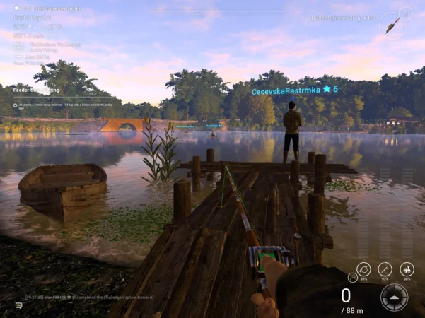 Wooden fishing dock and rowboat on Lone Star Lake at dawn with another angler casting nearby