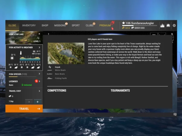 Lone Star Lake globe screen in Fishing Planet showing level 1, free travel and the 22 fish form counter