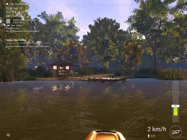 Approaching the Kayak Rentals cabin on Lone Star Lake by kayak in the early morning