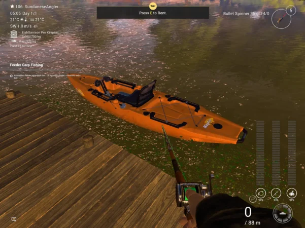 Outrider Trolling Kayak moored at the Lone Star Lake dock ready to rent in Fishing Planet
