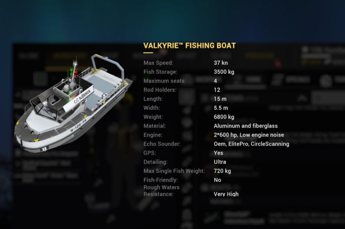 Valkyrie Fishing Boat inventory in Fishing Planet with 3500 kg storage and crane for big fish used at Skarland Fjord